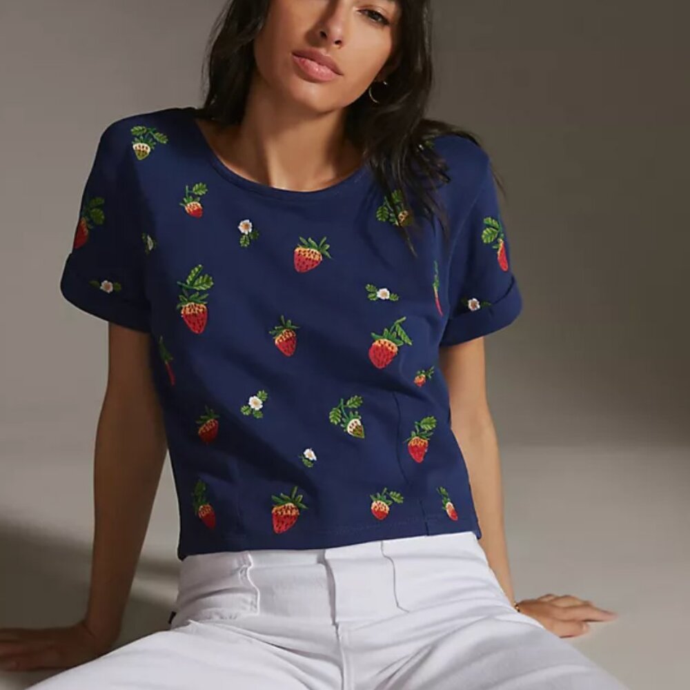 Maeve Anthropologie Short Sleeve Blue Top (size L)